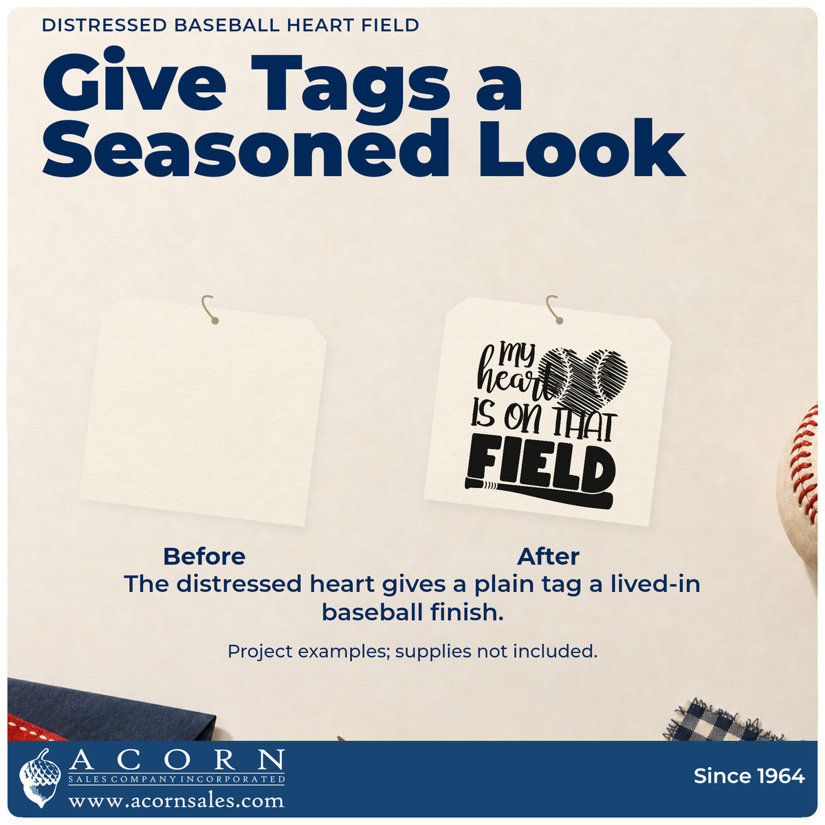 Before and after of a plain item finished with the Distressed Baseball Heart Field PSI Pre-Inked Stamp, a quick upgrade for grandparent gift cards.