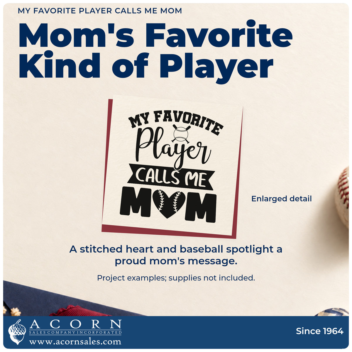 Enlarged detail of the My Favorite Player Calls Me Mom Pre-Inked Stamp – PSI imprint. A baseball and stitched heart accent the phrase "My favorite player calls me mom."