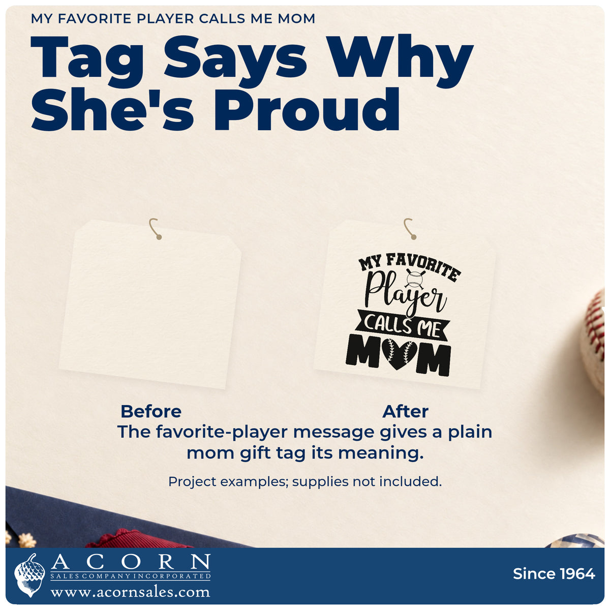 Before and after of a plain item finished with the My Favorite Player Calls Me Mom Rubber Stamp – Wood Handle, a quick upgrade for tumbler gift sets.