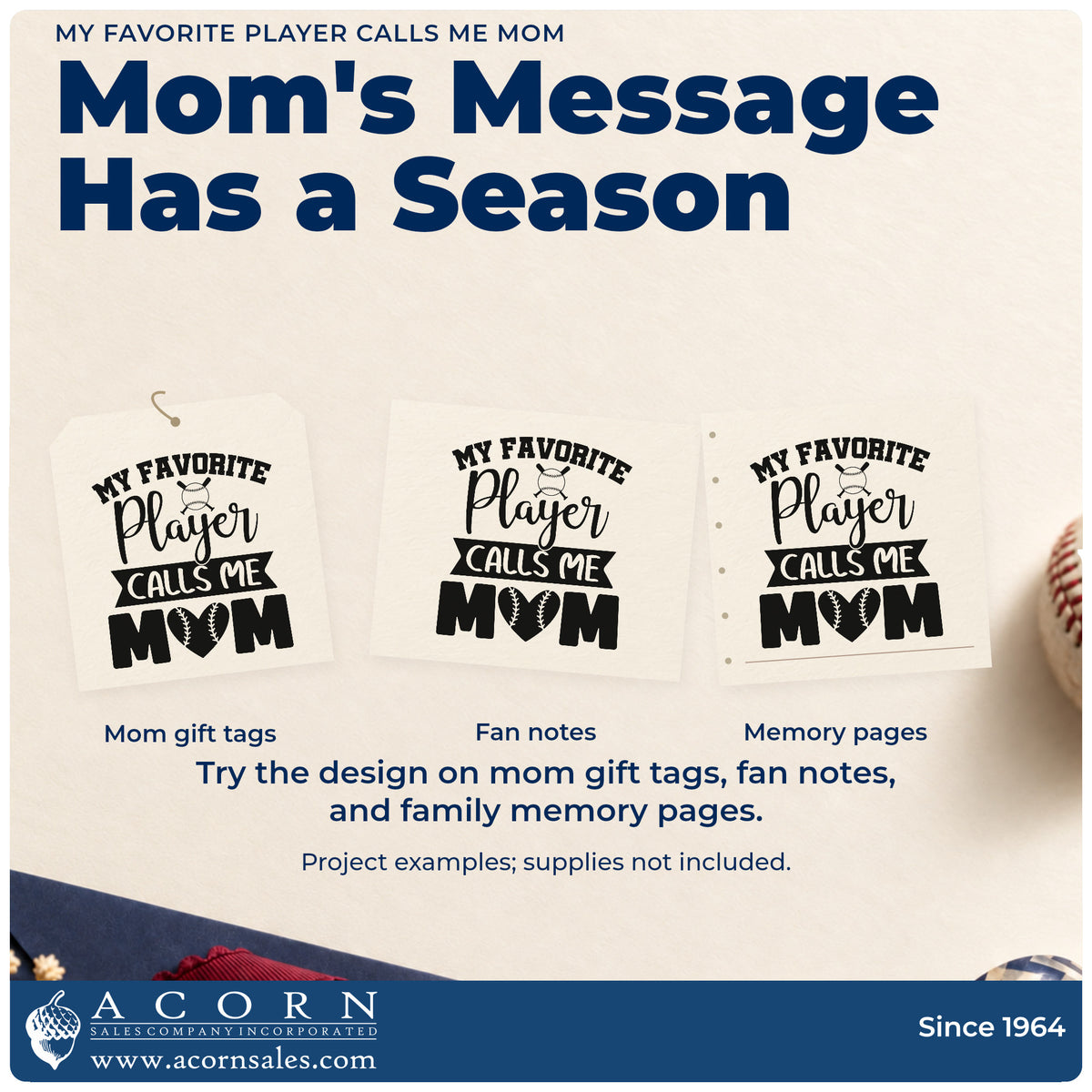 Three project examples made with the Vintage Pro My Favorite Player Calls Me Mom Premium Wooden Stamp, including birthday gift tags.