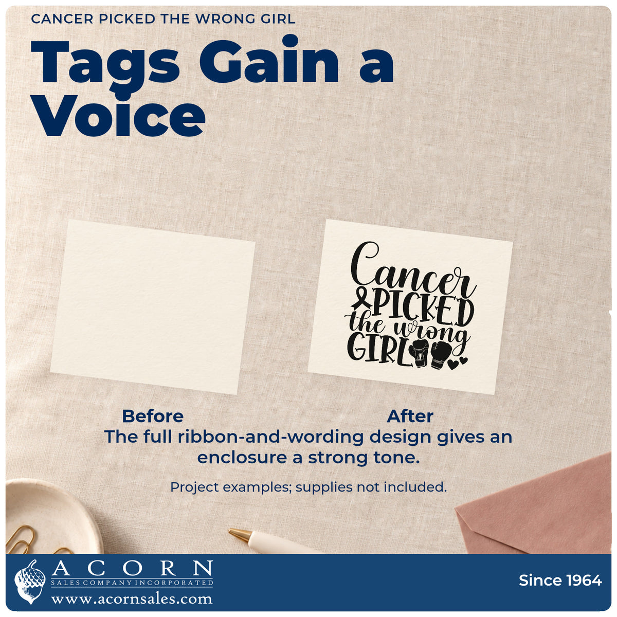 Before and after of a plain item finished with the Cancer Picked The Wrong Girl Stamp – PSI Pre-Inked, a quick upgrade for tote bag printing.