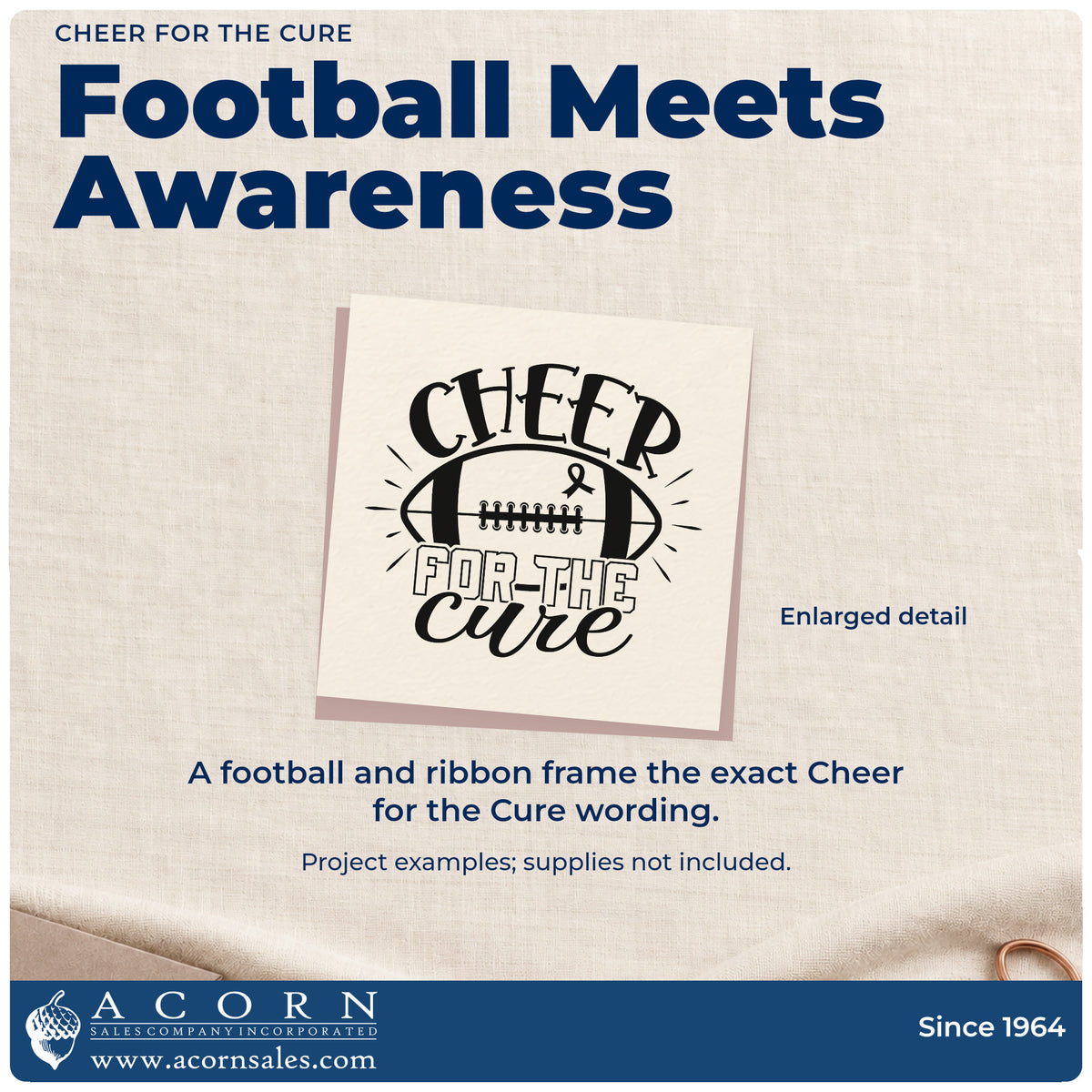 Enlarged detail of the Cheer For The Cure Awareness Ribbon PSI Pre-Inked Stamp imprint. A football with an awareness ribbon is framed by "Cheer for the cure" and short radiating lines.