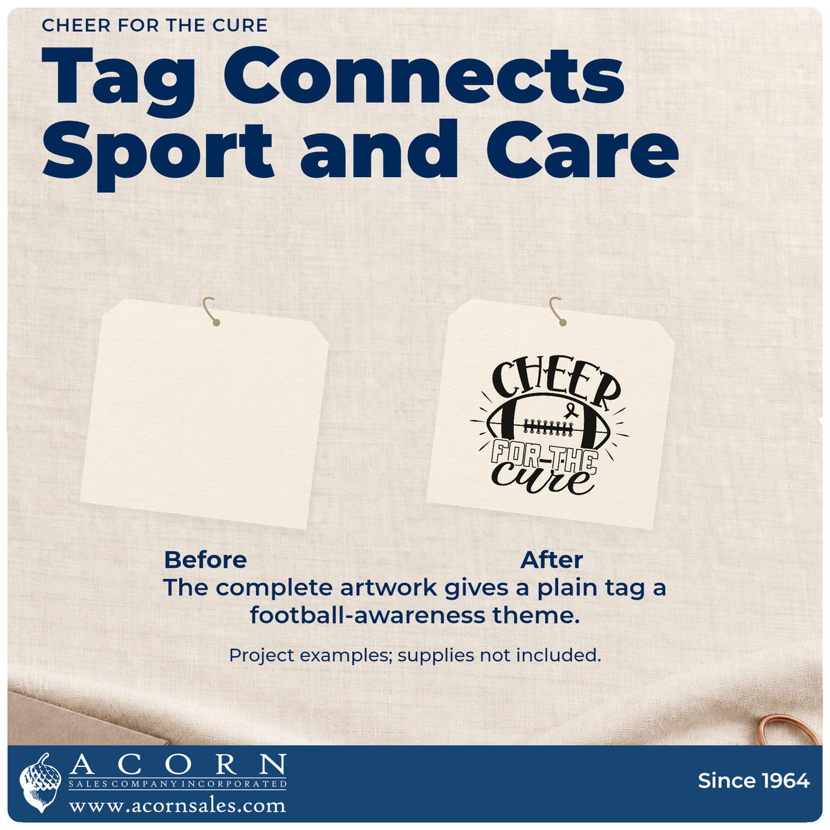 Before and after of a plain item finished with the Cheer For The Cure Awareness Ribbon Rubber Stamp – Wood Handle, a quick upgrade for team tee transfers.