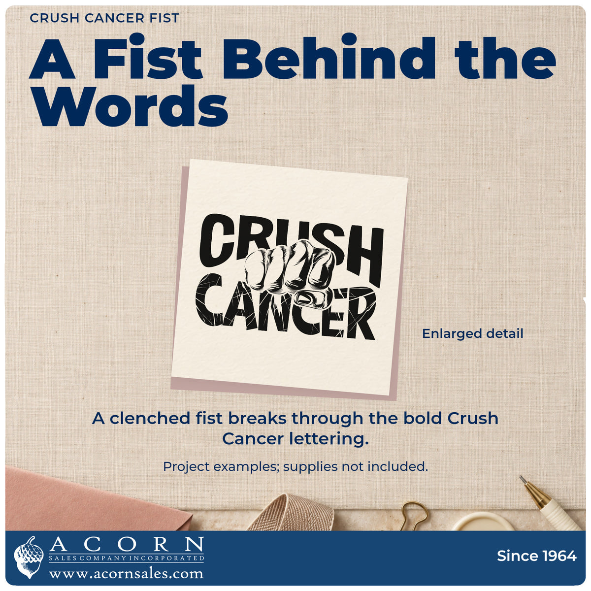 Enlarged detail of the Crush Cancer Fist Slim Pre-Inked Stamp imprint. A clenched fist breaks through bold "Crush cancer" lettering.