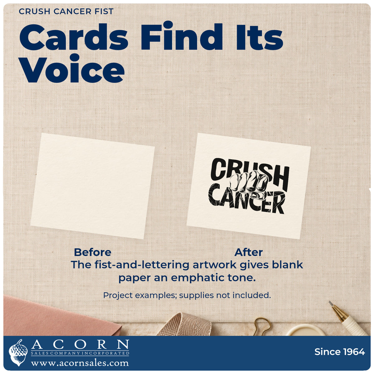 Before and after of a plain item finished with the Crush Cancer Fist Rubber Stamp – Duo Hand, a quick upgrade for journal cover stamping.