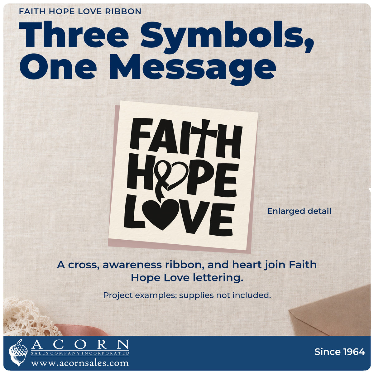 Enlarged detail of the Faith Hope Love Ribbon With Cross Hand Stamp – Duo imprint. Stacked "Faith hope love" lettering incorporates a cross, awareness ribbon, and solid heart.