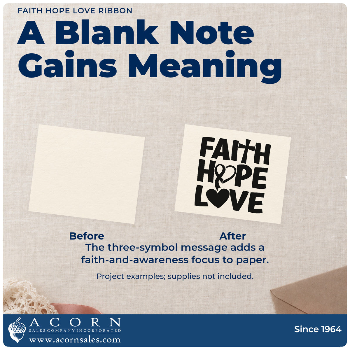 Before and after of a plain item finished with the Faith Hope Love Ribbon With Cross Hand Stamp – Duo, a quick upgrade for fundraiser table signs.