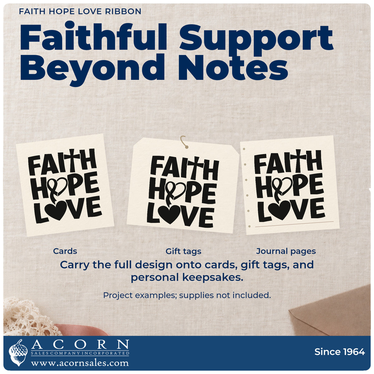 Three project examples made with the Faith Hope Love Ribbon With Cross Pre-Inked Stamp – Slim, including hospital visit cards.