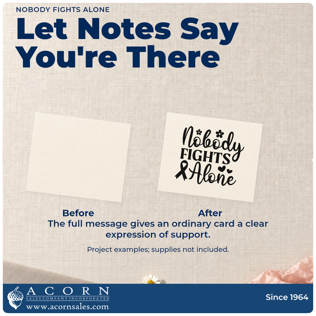 Before and after of a plain item finished with the Nobody Fights Alone Rubber Stamp – Duo Hand, a quick upgrade for group name tags.