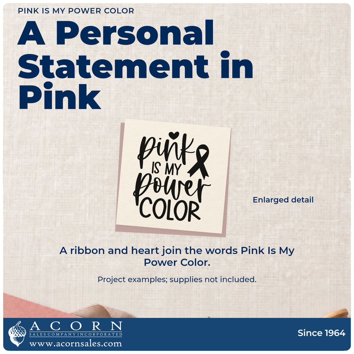 Enlarged detail of the Pink Is My Power Color Awareness Ribbon Rubber Stamp – Wood Handle imprint. Script and block lettering reads "Pink is my power color," with an awareness ribbon and heart.