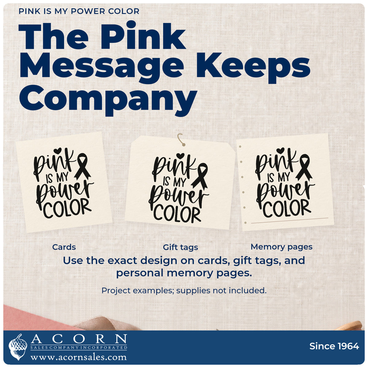 Three project examples made with the PSI Pre-Inked Pink Is My Power Color Awareness Ribbon Stamp, including care package tags.