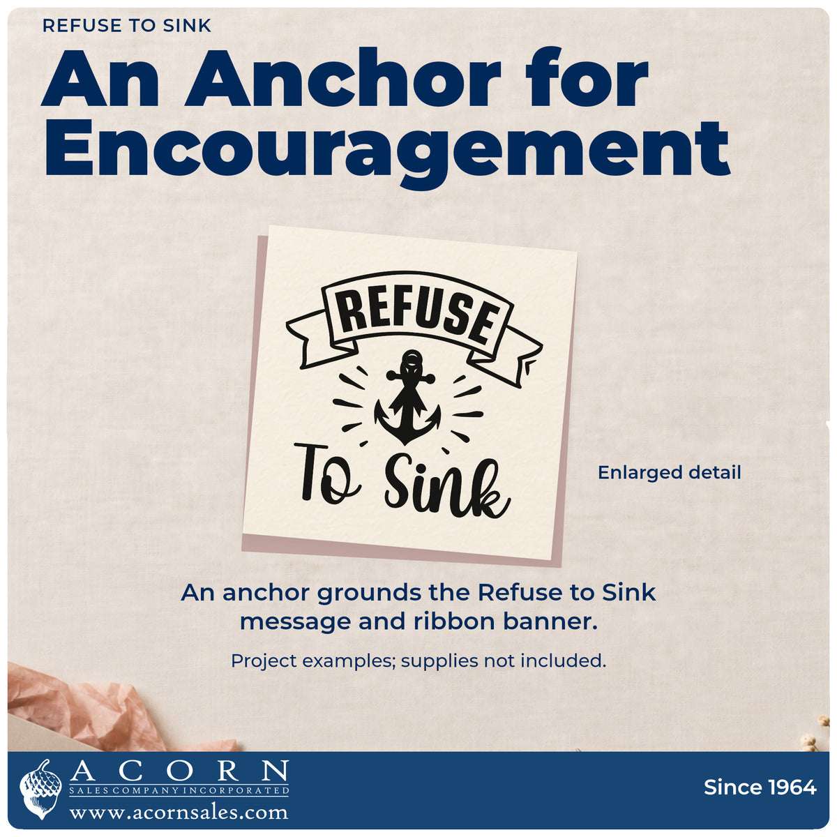 Enlarged detail of the Refuse To Sink Self-Inking Craft Stamp imprint. A ribbon banner reading "Refuse" sits above an anchor and "To sink" script.