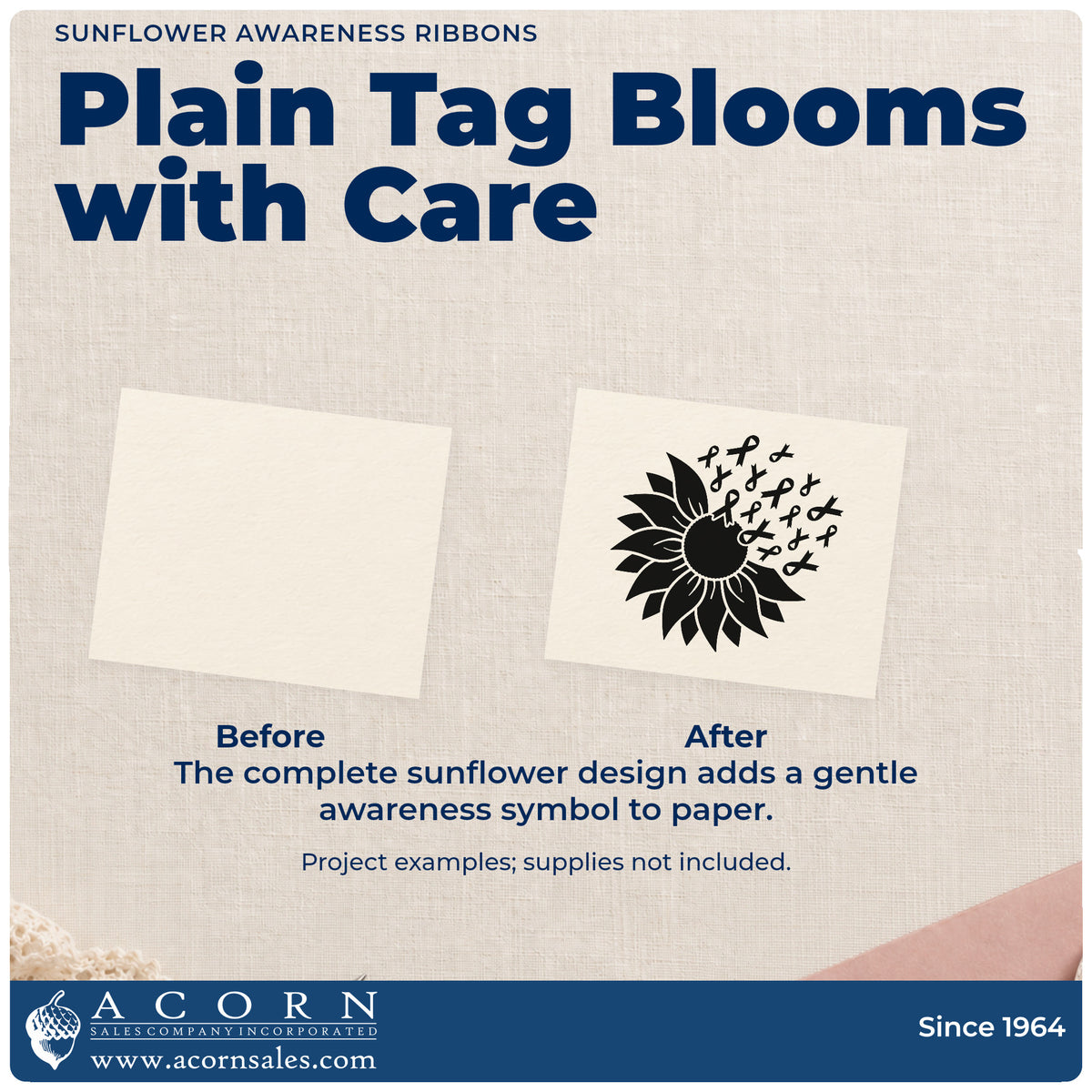 Before and after of a plain item finished with the Sunflower Awareness Ribbons Hand Stamp – Duo, a quick upgrade for benefit bake sale tags.