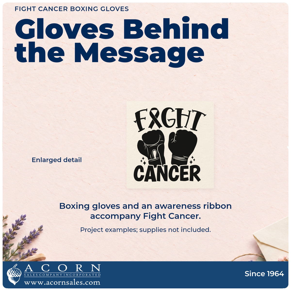 Enlarged detail of the Duo Hand Fight Cancer Boxing Gloves Rubber Stamp imprint. Two boxing gloves sit between "Fight" and "Cancer," with an awareness ribbon replacing the I.