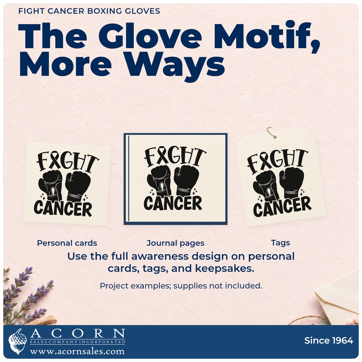 Three project examples made with the Duo Hand Fight Cancer Boxing Gloves Rubber Stamp, including gym fundraiser signs.