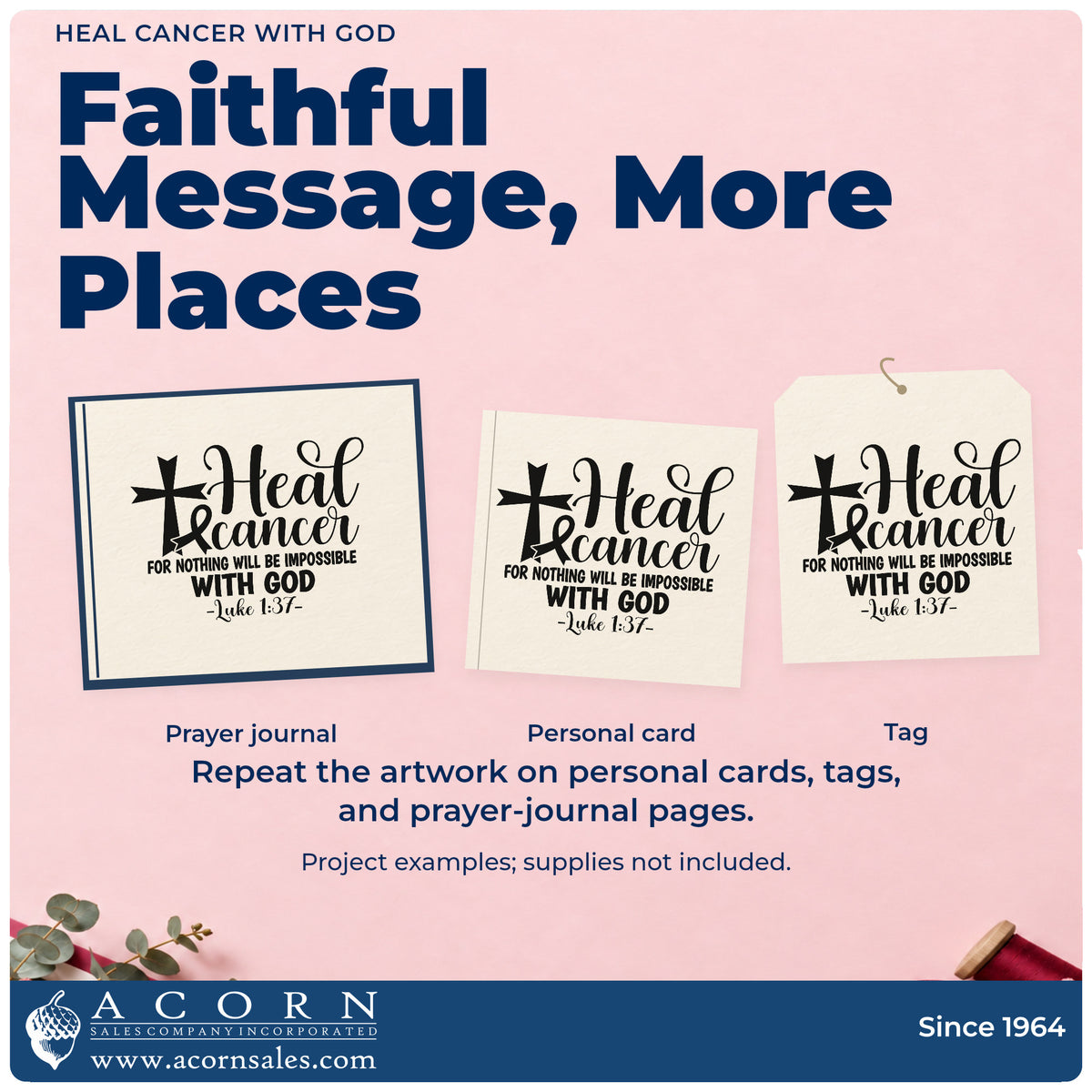 Three project examples made with the Heal Cancer With God Awareness Ribbon Rubber Stamp – Wood Handle, including hospital bedside notes.