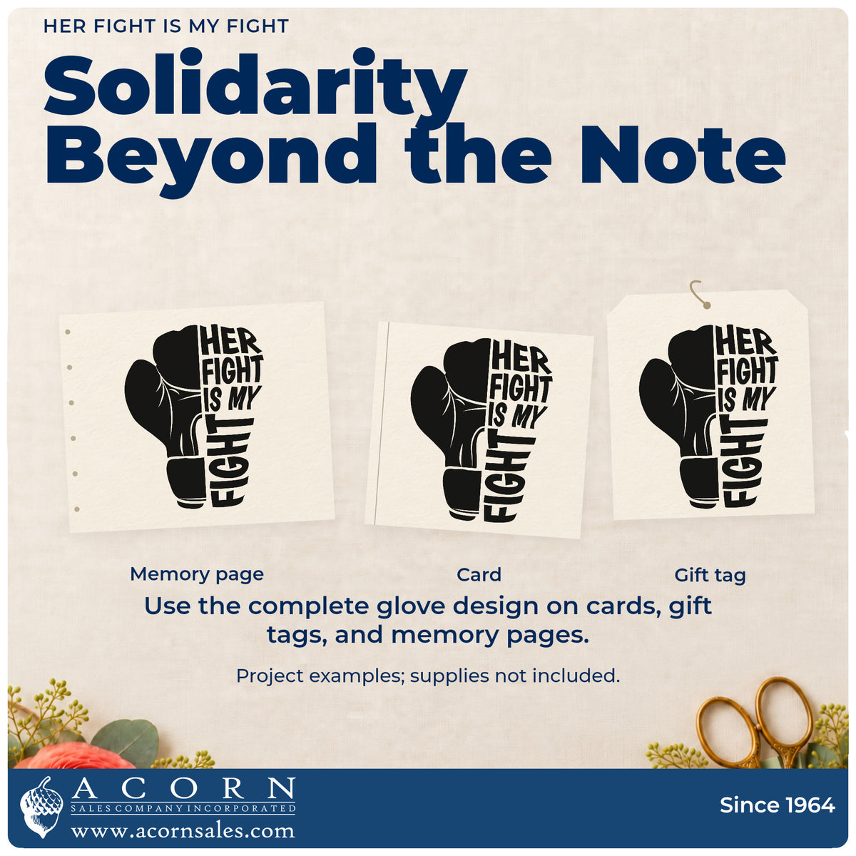 Three project examples made with the Her Fight Is My Fight Rubber Stamp – Duo Hand, including scrapbook family pages.