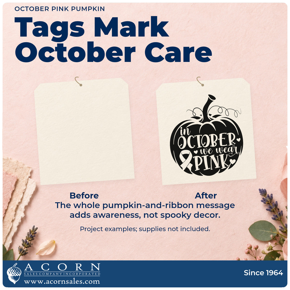 Before and after of a plain item finished with the October Pink Pumpkin Awareness Ribbon Rubber Stamp – Wood Handle, a quick upgrade for fall tote bags.