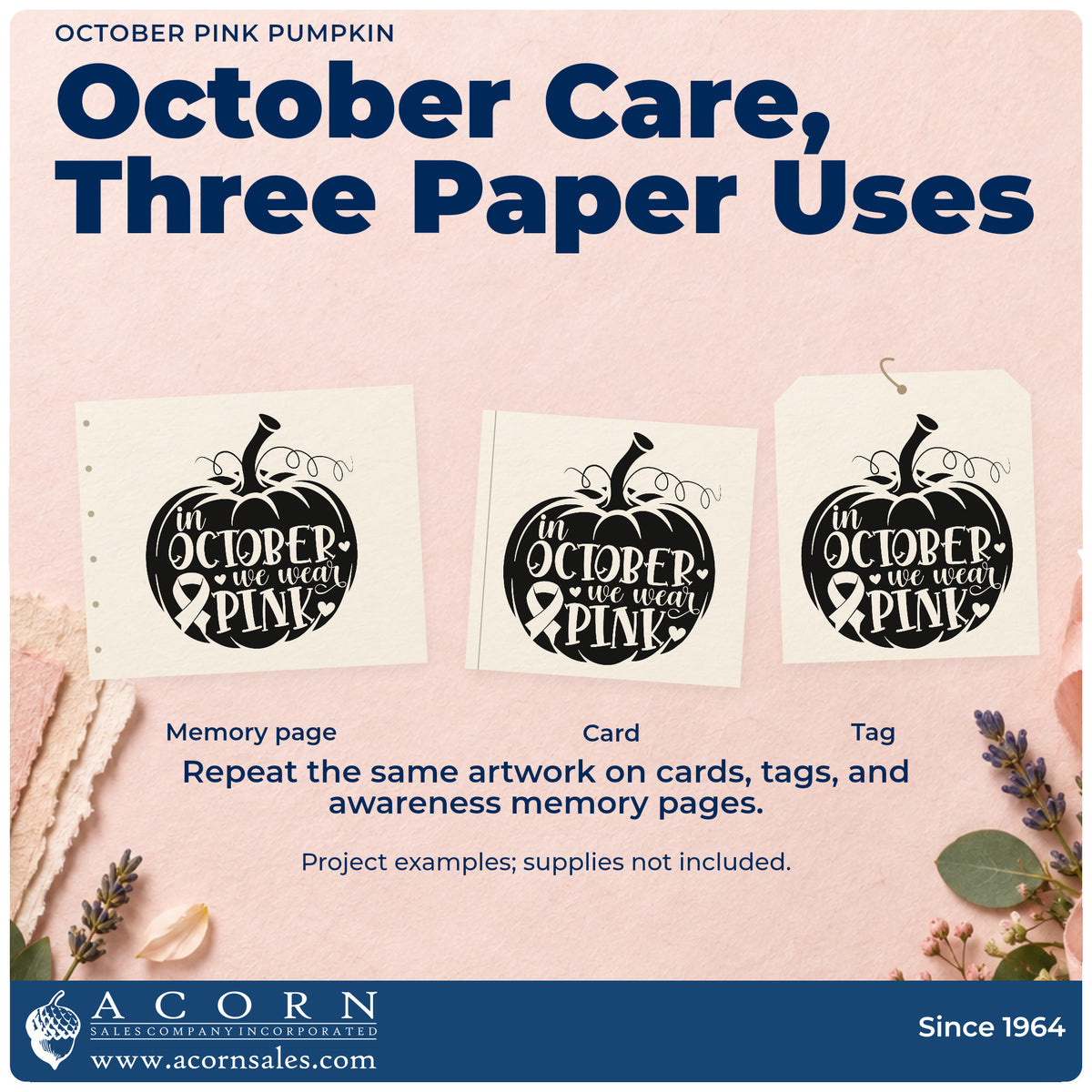 Three project examples made with the October Pink Pumpkin Awareness Ribbon Rubber Stamp – Wood Handle, including bake sale tags.