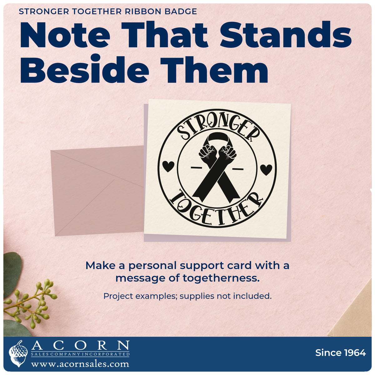 A finished handmade project stamped with the Stronger Together Ribbon Badge Premium Wood-Mounted Stamp - Vintage Pro, ideal for walk crew shirts.