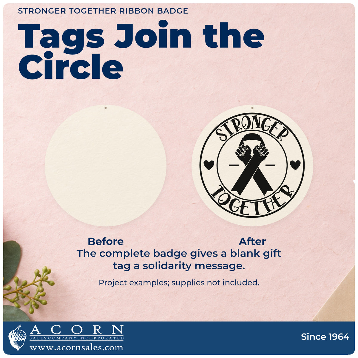 Before and after of a plain item finished with the Stronger Together Ribbon Badge Premium Wood-Mounted Stamp - Vintage Pro, a quick upgrade for care basket tags.
