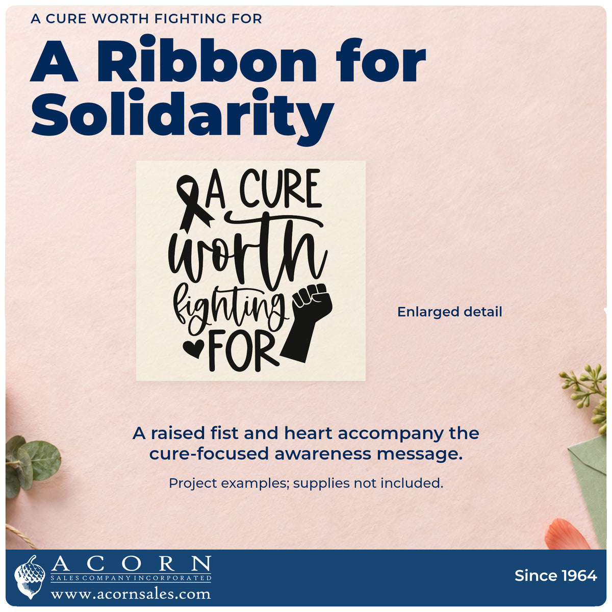 Enlarged detail of the Premium Wooden A Cure Worth Fighting For Awareness Ribbon Stamp - Vintage Pro imprint. An awareness ribbon, raised fist, and heart accompany "A cure worth fighting for."