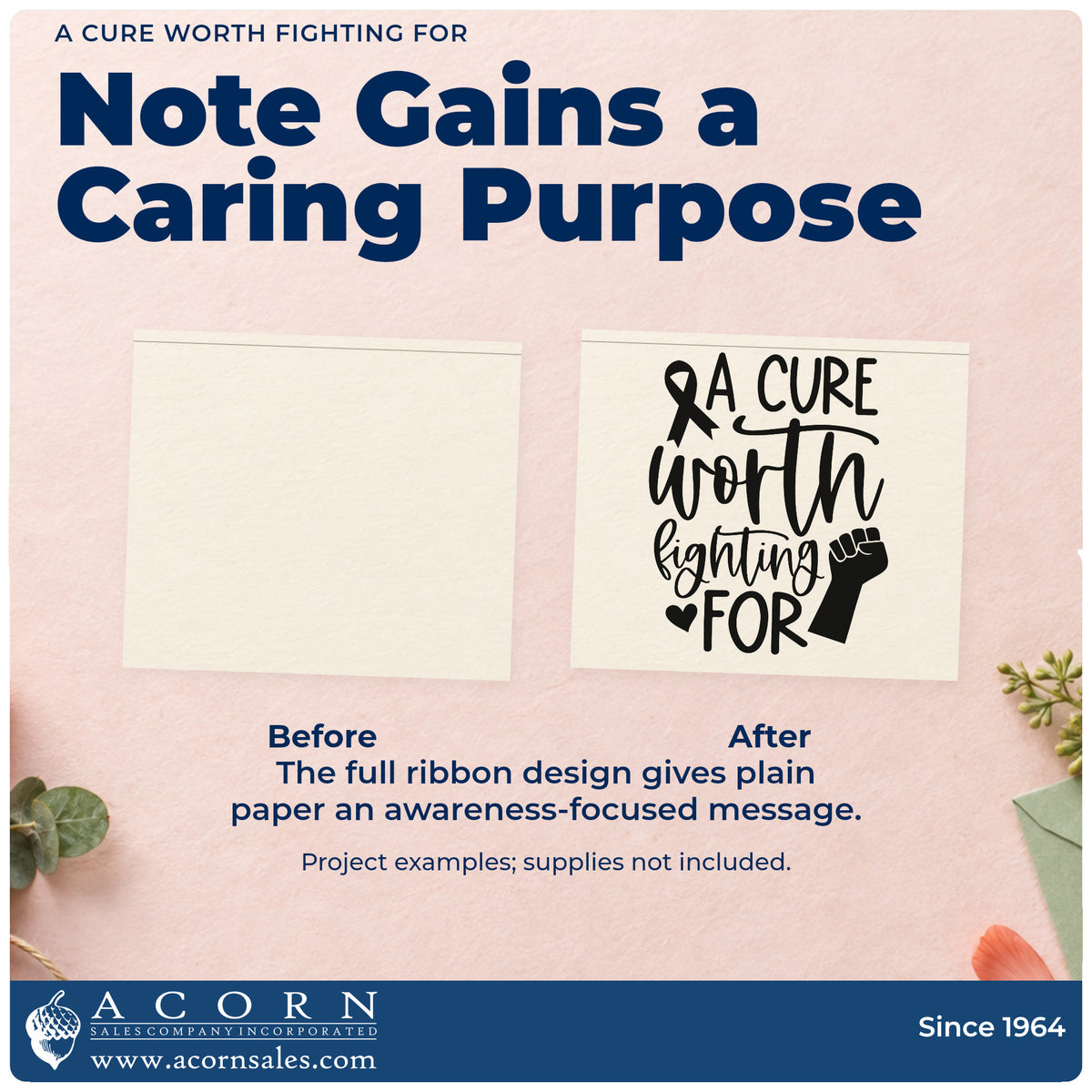 Before and after of a plain item finished with the Wood Handle A Cure Worth Fighting For Awareness Ribbon Rubber Stamp, a quick upgrade for bake sale price tags.