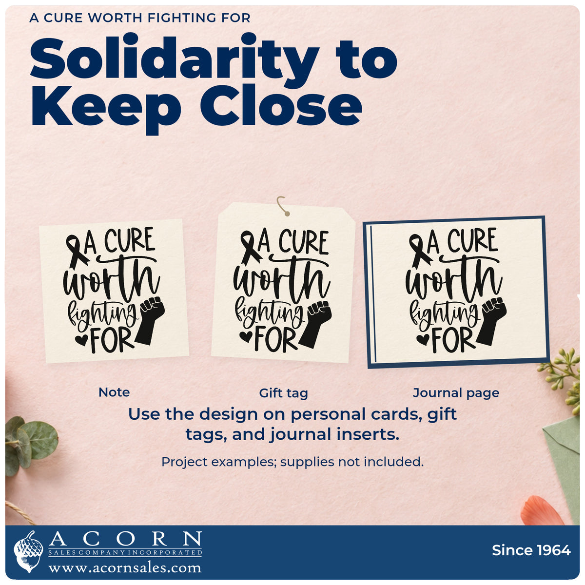 Three project examples made with the Premium Wooden A Cure Worth Fighting For Awareness Ribbon Stamp - Vintage Pro, including walk team tees.