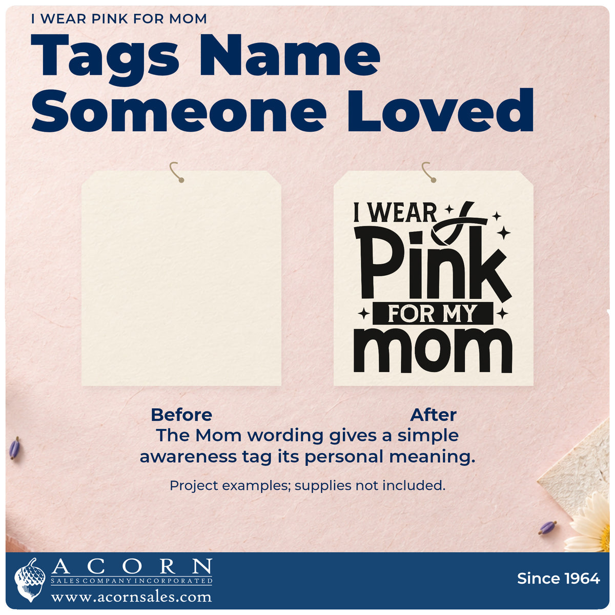 Before and after of a plain item finished with the I Wear Pink For My Mom Self-Inking Stamp, a quick upgrade for sports game signs.