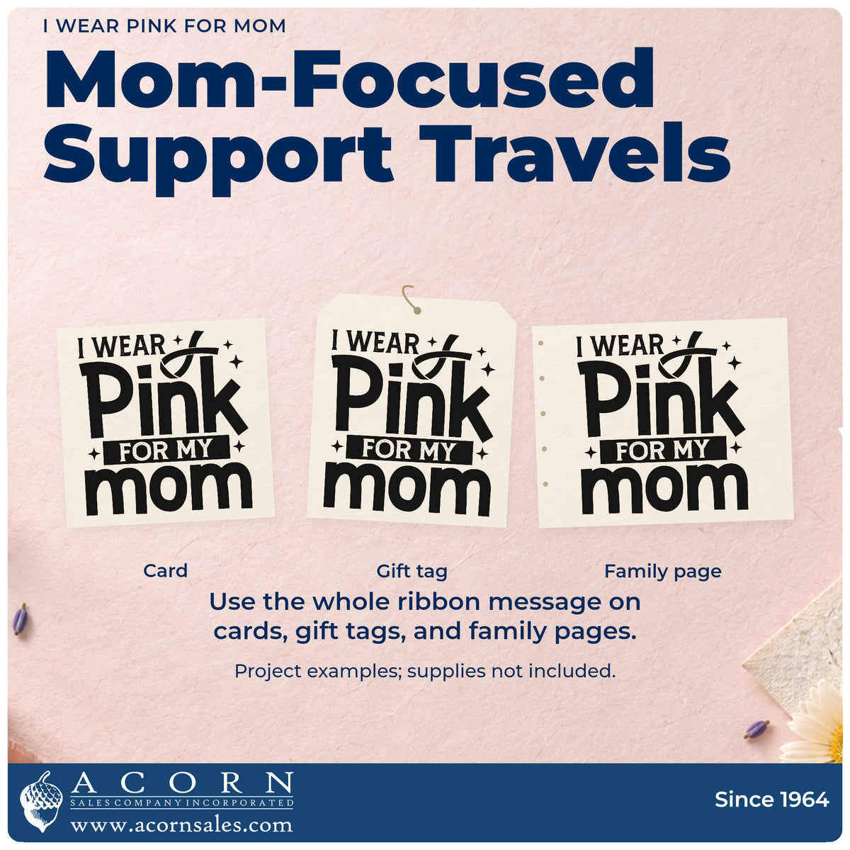 Three project examples made with the I Wear Pink For My Mom Rubber Stamp – Duo Hand, including scrapbook family pages.