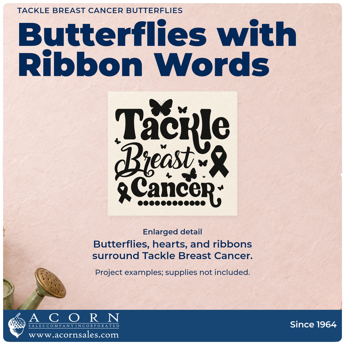 Enlarged detail of the Tackle Breast Cancer Butterflies PSI Pre-Inked Stamp imprint. Butterflies, hearts, and awareness ribbons surround "Tackle breast cancer" in decorative lettering.