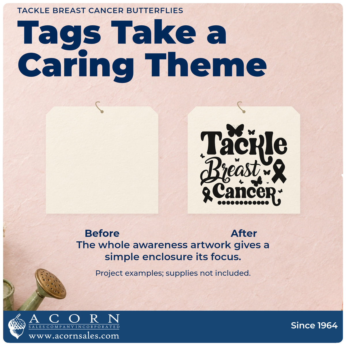 Before and after of a plain item finished with the Tackle Breast Cancer Butterflies PSI Pre-Inked Stamp, a quick upgrade for care basket tags.
