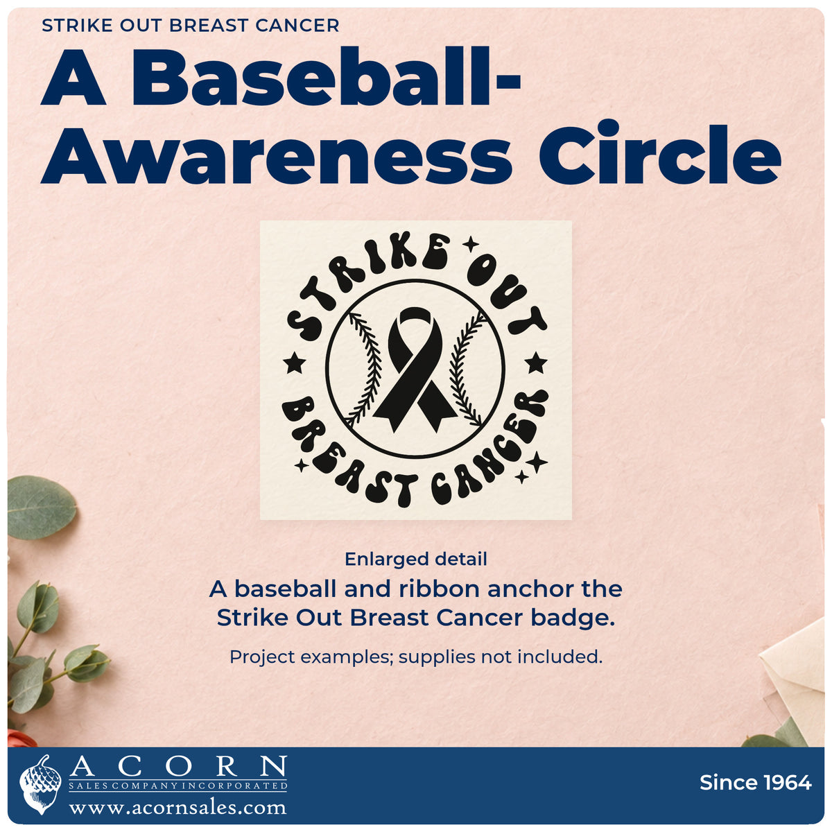 Enlarged detail of the Strike Out Breast Cancer Wood Handle Stamp imprint. A baseball and awareness ribbon sit inside a circular "Strike out breast cancer" design with stars.