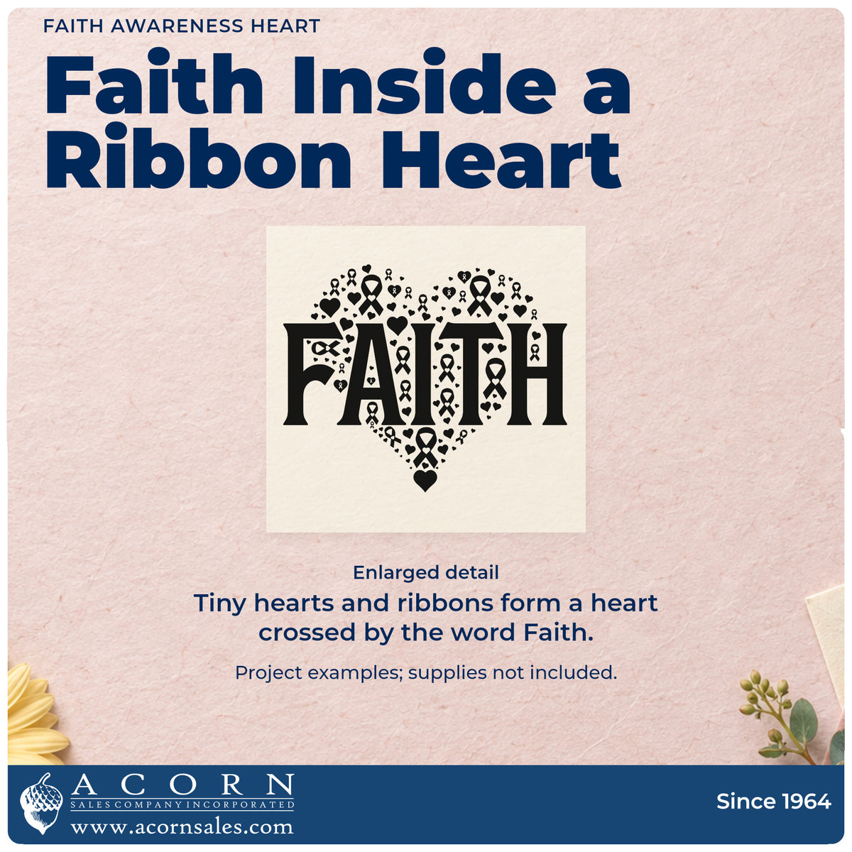 Enlarged detail of the Faith Awareness Heart With Cross Hand Stamp – Duo imprint. Bold "Faith" lettering crosses a heart built from tiny hearts and awareness ribbons.