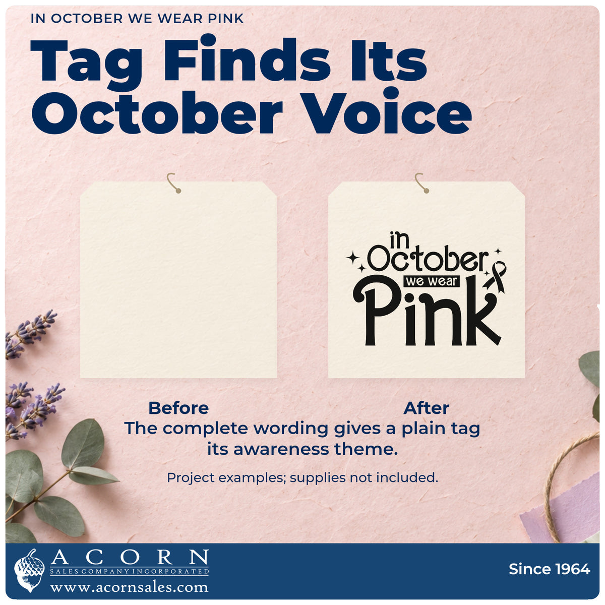 Before and after of a plain item finished with the In October We Wear Pink Premium Wooden Stamp - Vintage Pro, a quick upgrade for scrapbook october pages.