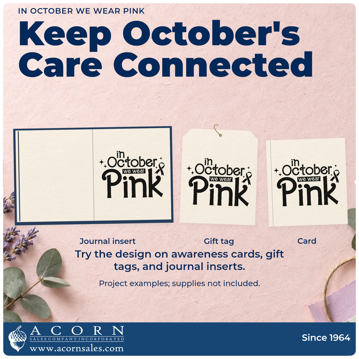 Three project examples made with the Self-Inking In October We Wear Pink Stamp, including salon appointment cards.