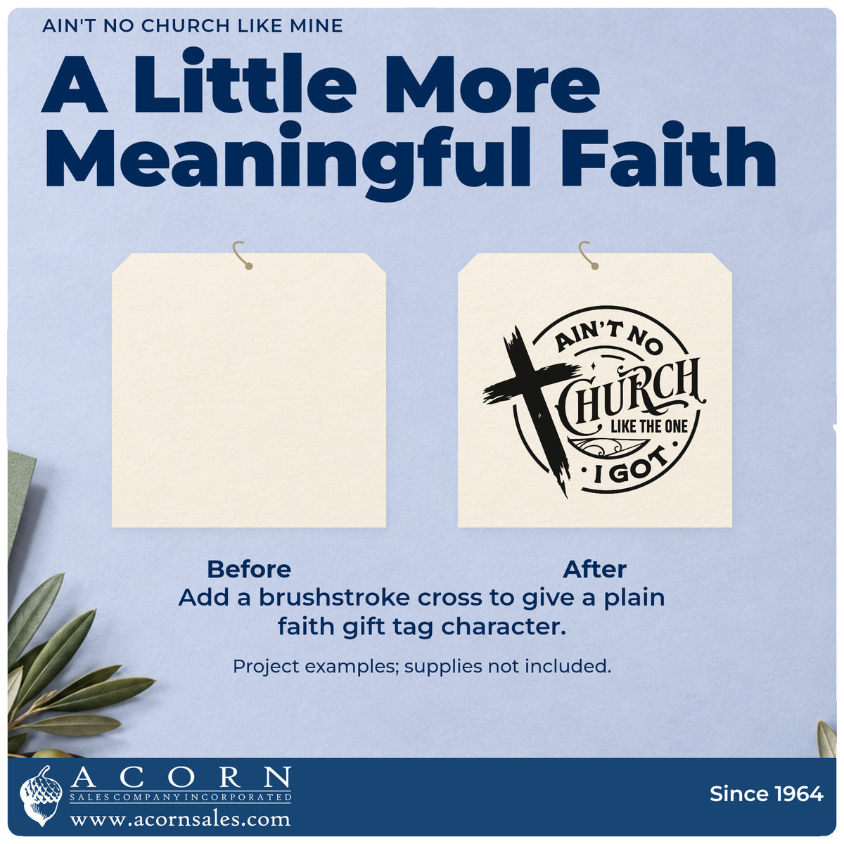 Before and after of a plain item finished with the Vintage Pro Ain't No Church Like Mine Premium Wooden Stamp, a quick upgrade for fellowship hall decor.