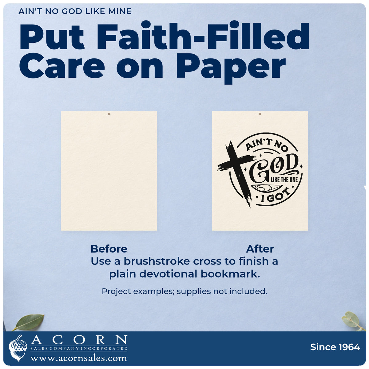 Before and after of a plain item finished with the Ain't No God Like Mine Brushstroke Cross Stamp – Self-Inking, a quick upgrade for confirmation gift bags.