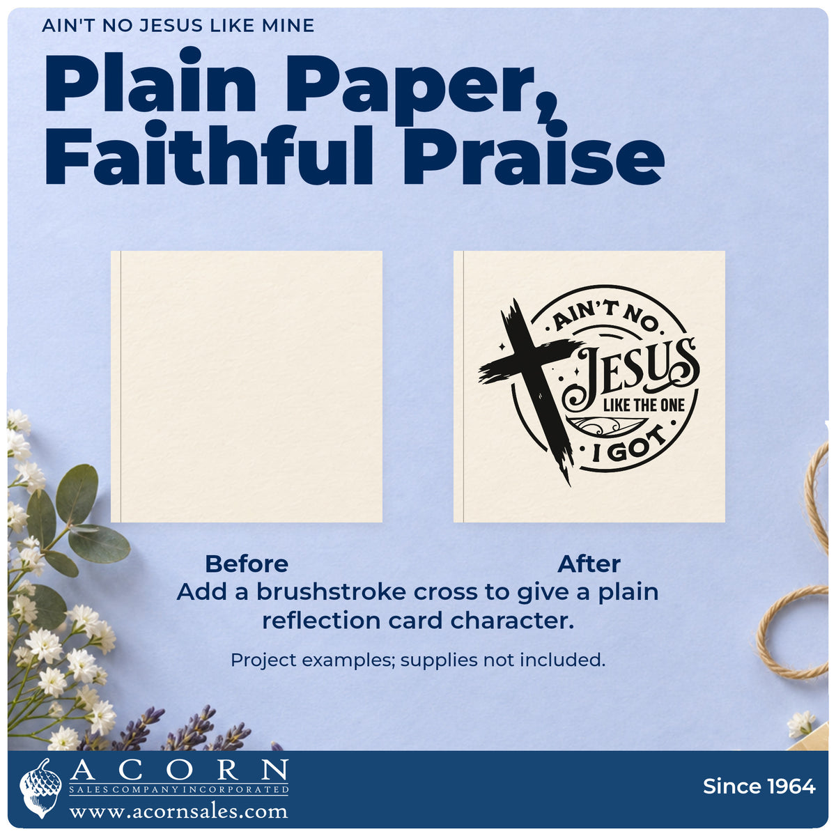 Before and after of a plain item finished with the Ain't No Jesus Like Mine Self-Inking Stamp, a quick upgrade for revival name tags.