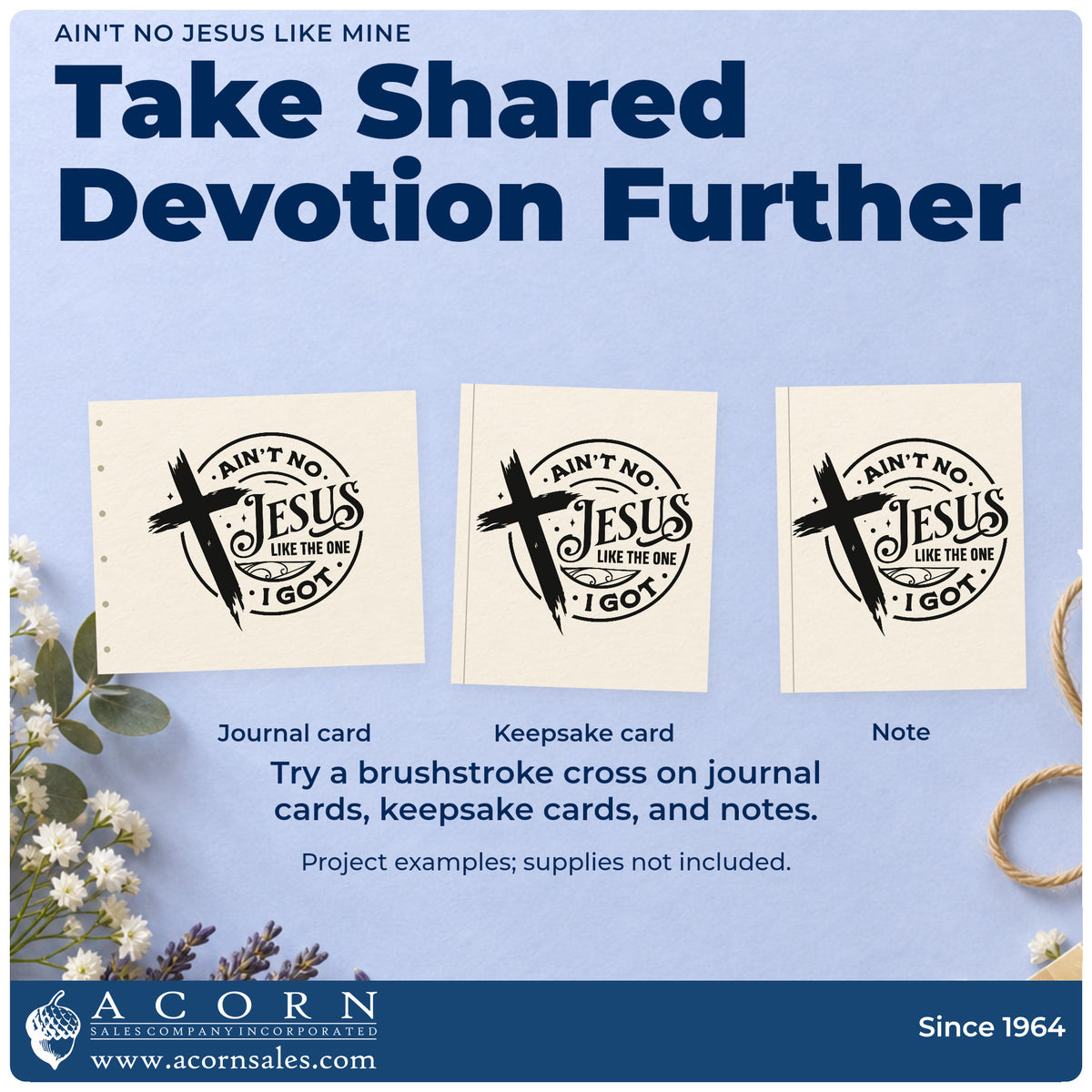 Three project examples made with the Ain't No Jesus Like Mine Premium Wooden Stamp - Vintage Pro, including canvas totes.