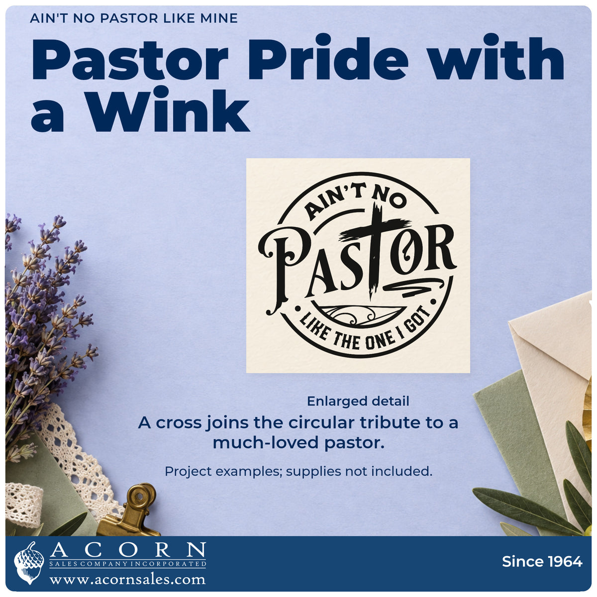 Enlarged detail of the Ain't No Pastor Like Mine With Cross Stamp - Premium Vintage Pro Wooden imprint. A cross is incorporated into a circular "Ain't no pastor like the one I got" design.