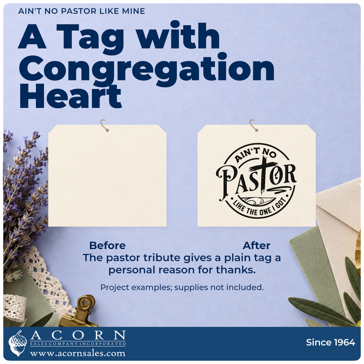 Before and after of a plain item finished with the Ain't No Pastor Like Mine With Cross Rubber Stamp – Wood Handle, a quick upgrade for retirement party invites.