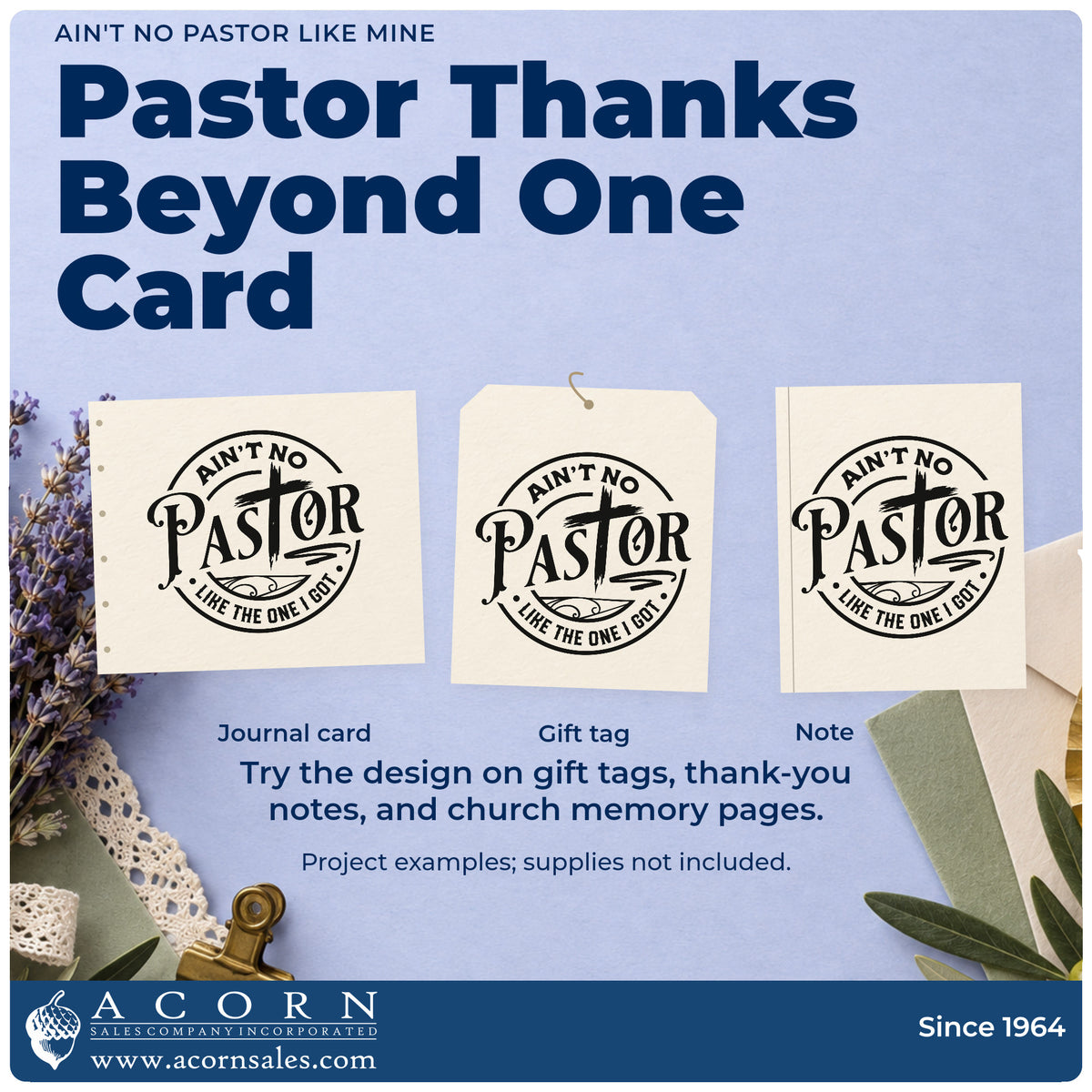 Three project examples made with the Ain't No Pastor Like Mine With Cross Stamp - Premium Vintage Pro Wooden, including anniversary sunday.