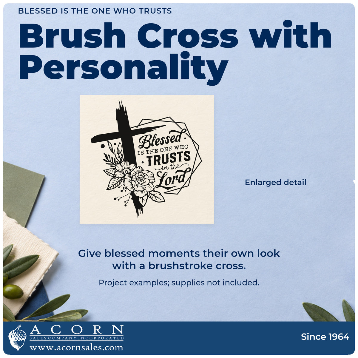 Enlarged detail of the Blessed Is The One Who Trusts Slim Pre-Inked Stamp imprint. A brushstroke cross and flowers frame a geometric badge reading "Blessed is the one who trusts in the Lord."