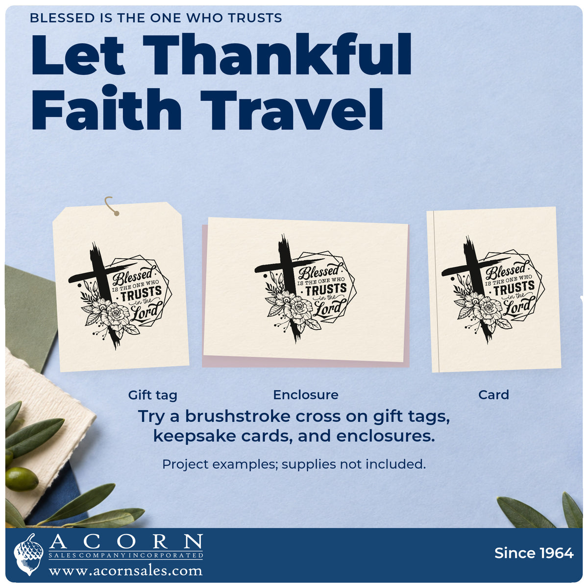 Three project examples made with the PSI Pre-Inked Blessed Is The One Who Trusts Stamp, including scrapbook blessing pages.