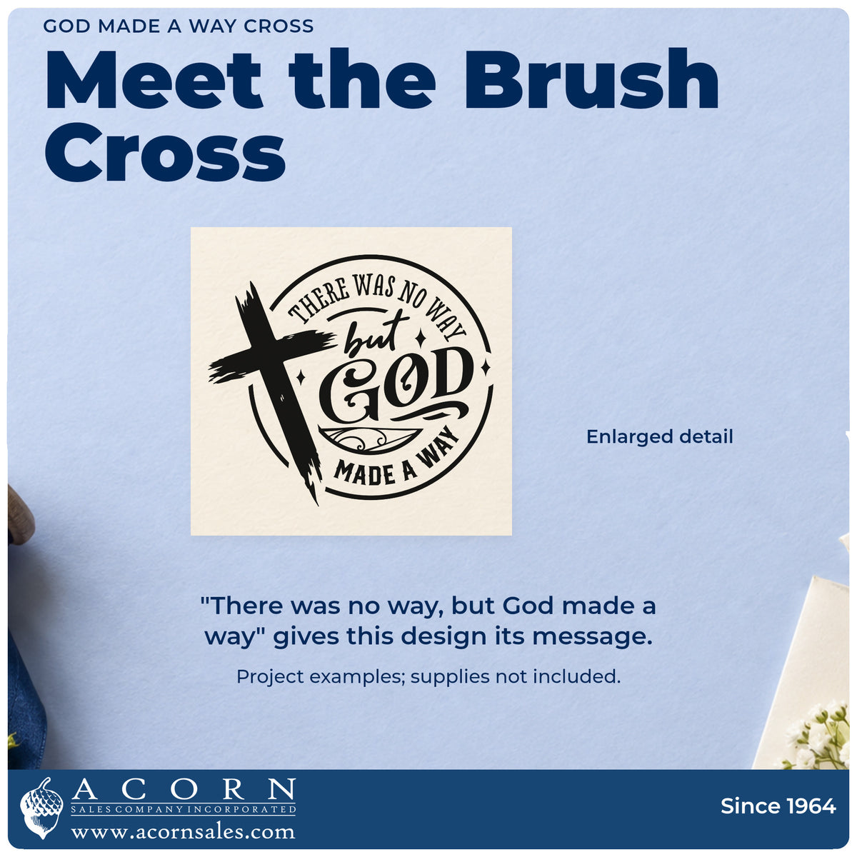Enlarged detail of the God Made A Way Cross Stamp - Premium Vintage Pro Wooden imprint. A brushstroke cross overlaps a circular design reading "There was no way, but God made a way."
