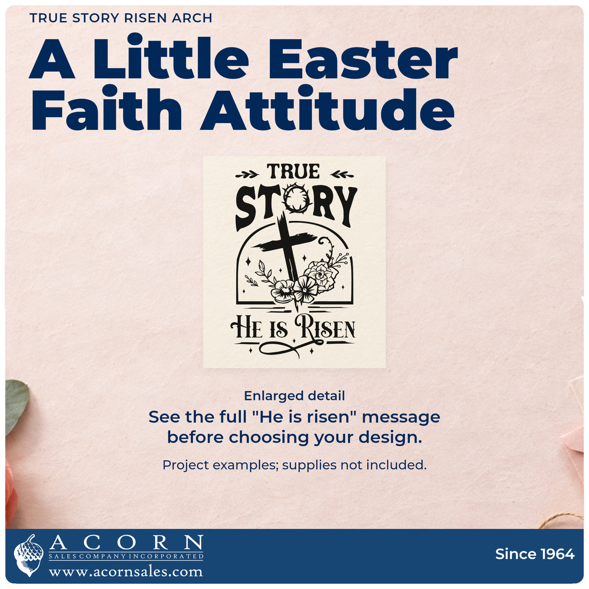 Enlarged detail of the True Story Risen Arch With Cross Premium Wooden Stamp - Vintage Pro imprint. A floral cross sits inside an arch between "True story" and "He is risen."