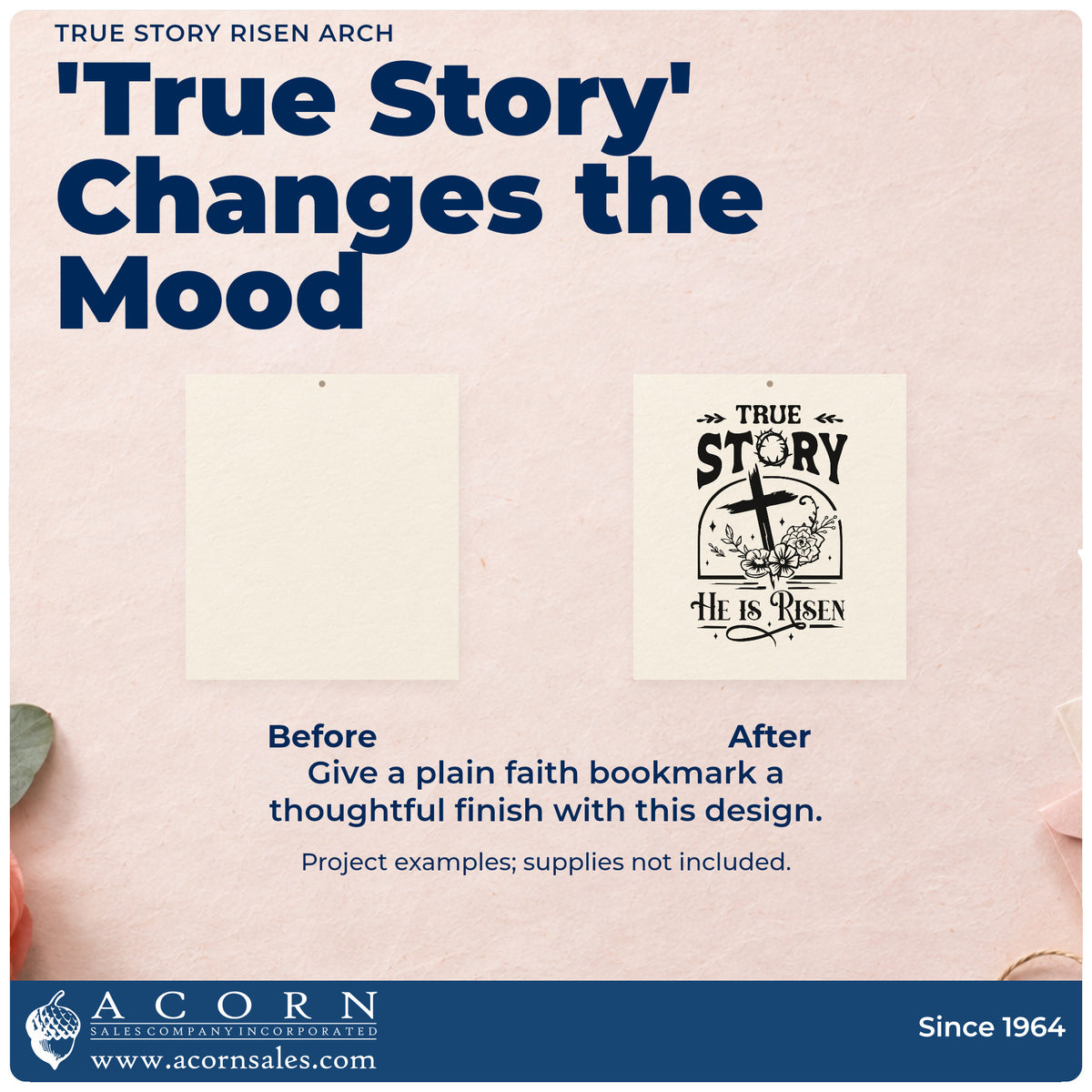 Before and after of a plain item finished with the True Story Risen Arch With Cross PSI Pre-Inked Stamp, a quick upgrade for bible study invites.
