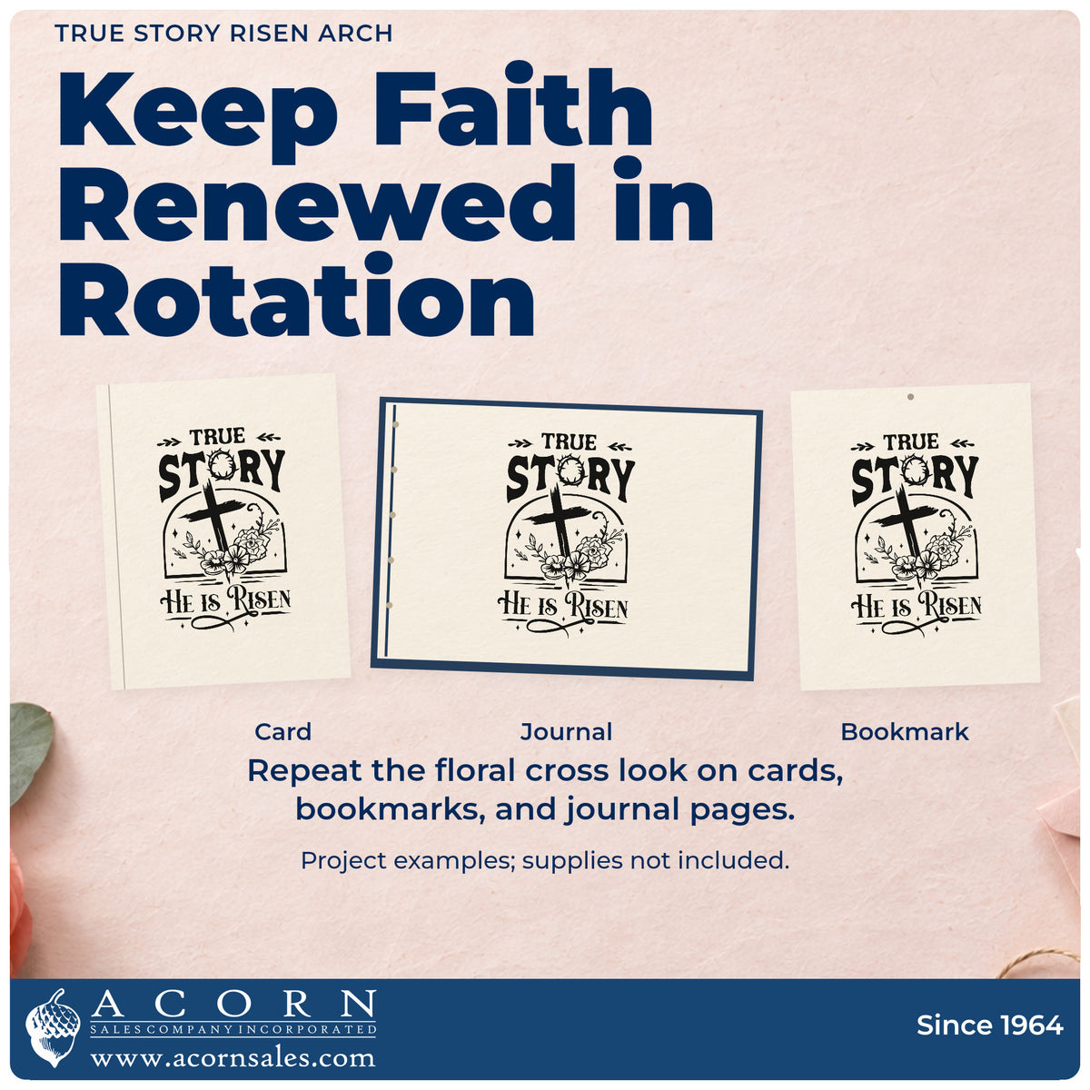 Three project examples made with the True Story Risen Arch With Cross Premium Wooden Stamp - Vintage Pro, including photo border frames.