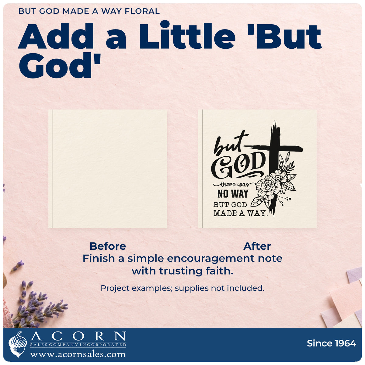 Before and after of a plain item finished with the But God Made A Way Floral Pre-Inked Stamp – PSI, a quick upgrade for gift bag stamping.